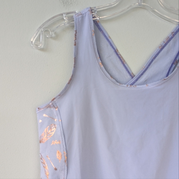 Ivivva Lululemon Girls Periwinkle Bronze Feather Free to Run Crossback Tank Top - Picture 4 of 7